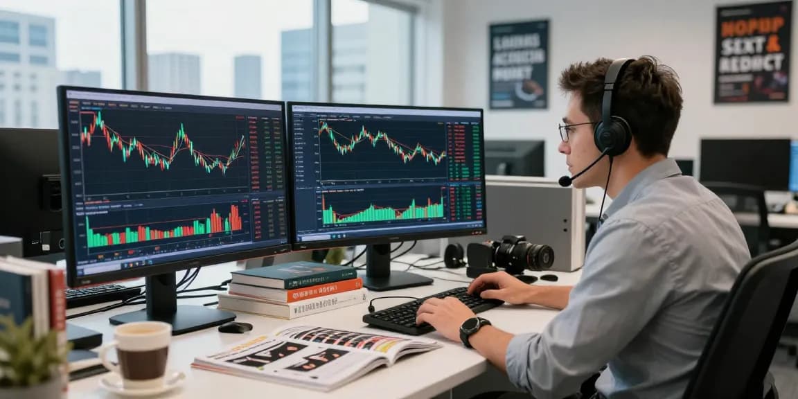 Analisis perdagangan kakakjudi di kantor modern dengan trader mempelajari data pasar.
