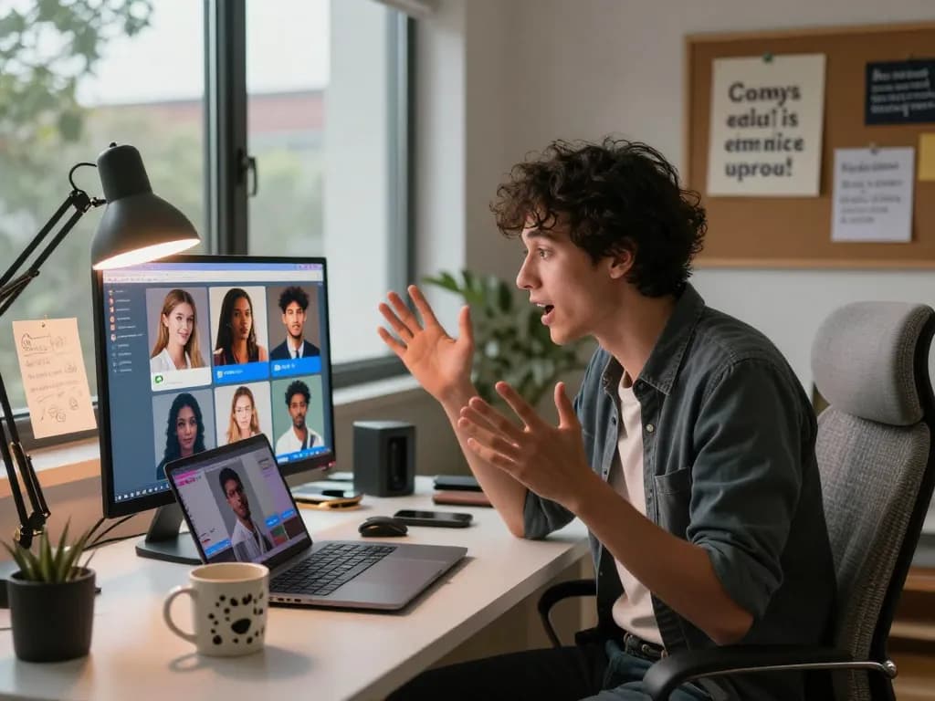 Engaging AI chat nsfw interaction in a modern home office setting.