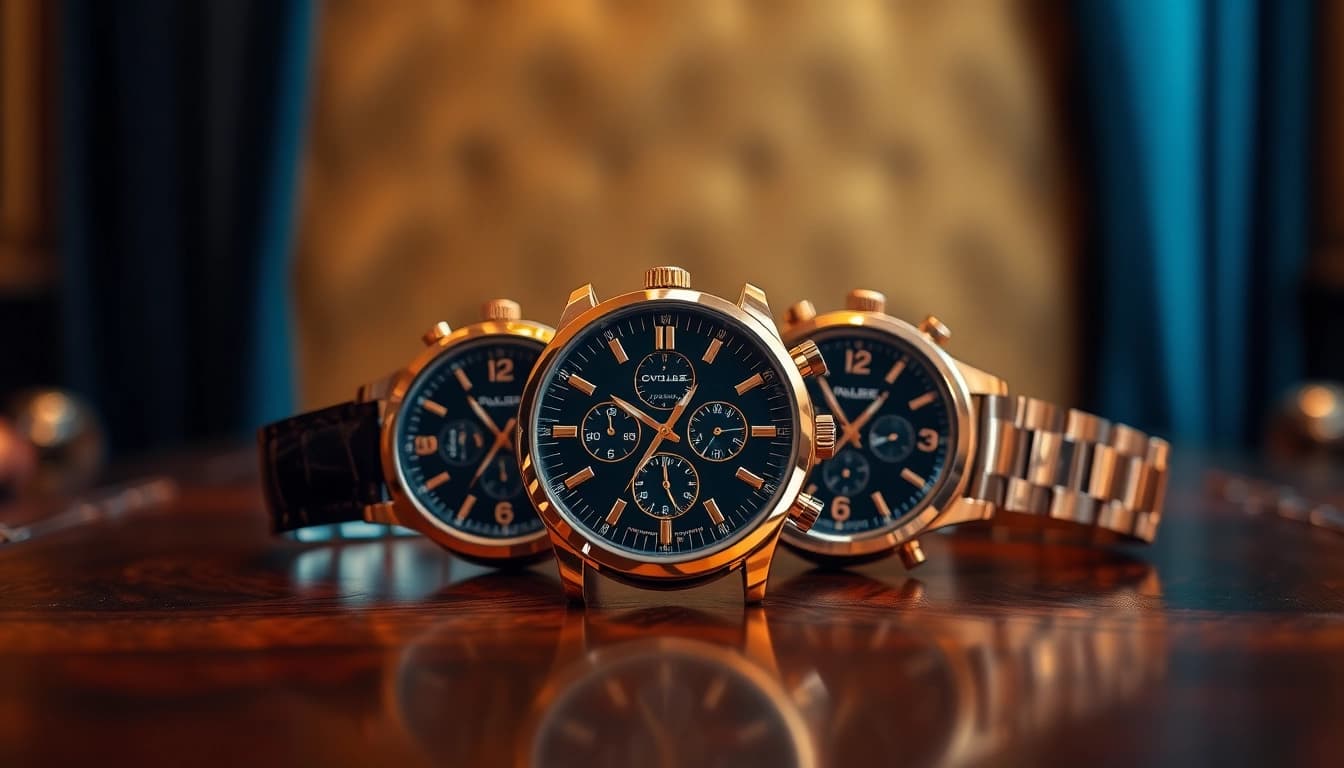 Showcase of elegant replica watches with intricate designs on a vintage table.