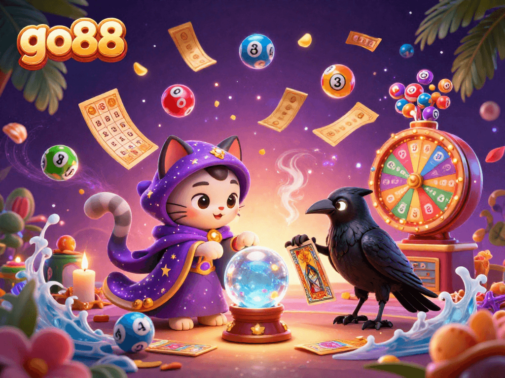 Engage with go88's vibrant lottery-themed illustration featuring mystical characters amidst dynamic gaming elements.