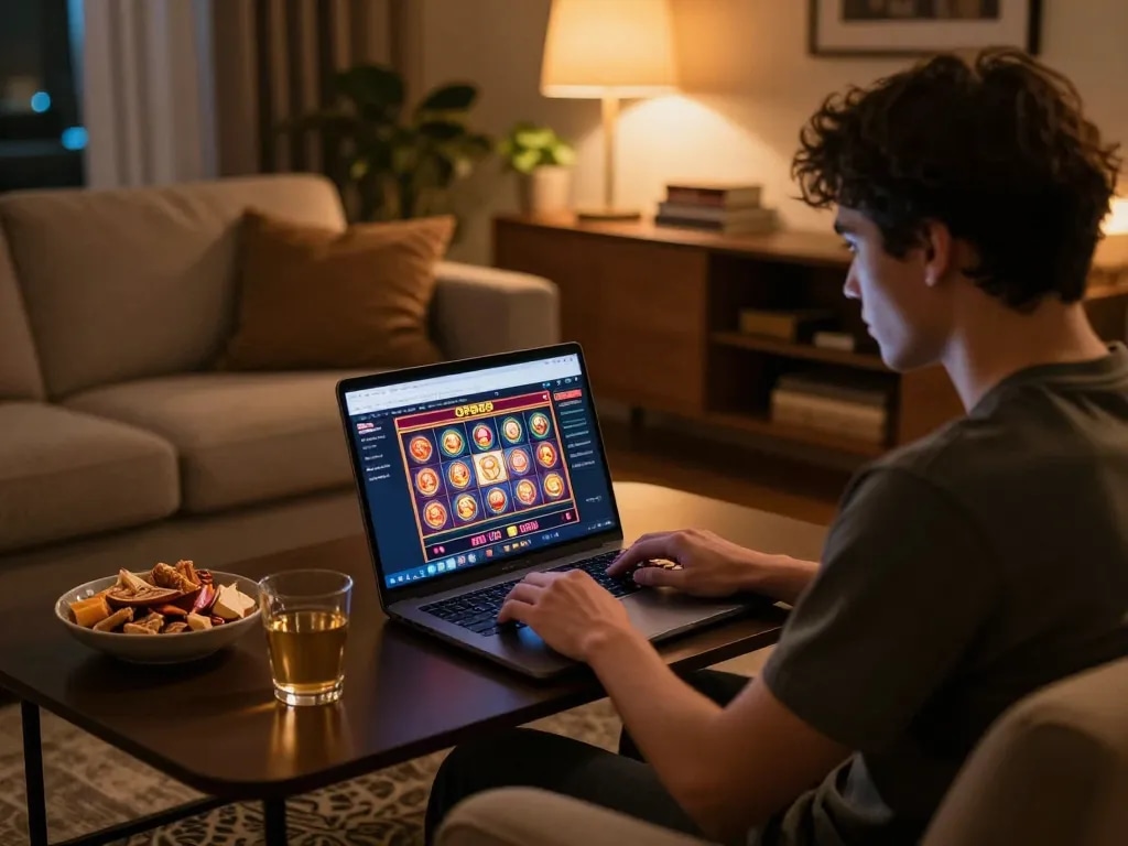 Engaging in online slots on open88 from a cozy living room setup while enjoying snacks and a drink.