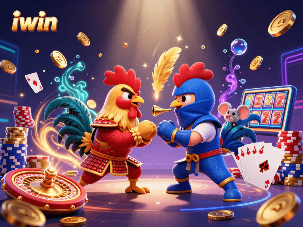 Engage with iwin in a dynamic 3D scene featuring battling roosters and casino elements.