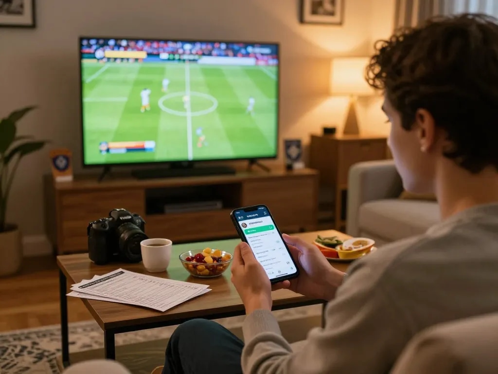 BONGDALU sports bettor using smartphone for live betting while watching a match at home