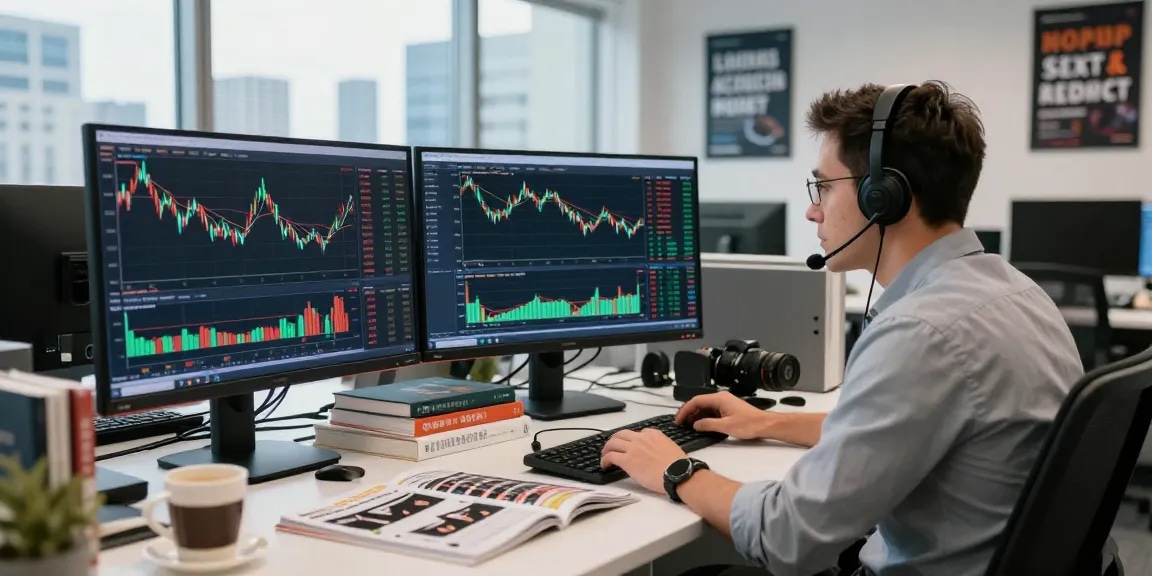 Analisis perdagangan kakakjudi di kantor modern dengan trader mempelajari data pasar.