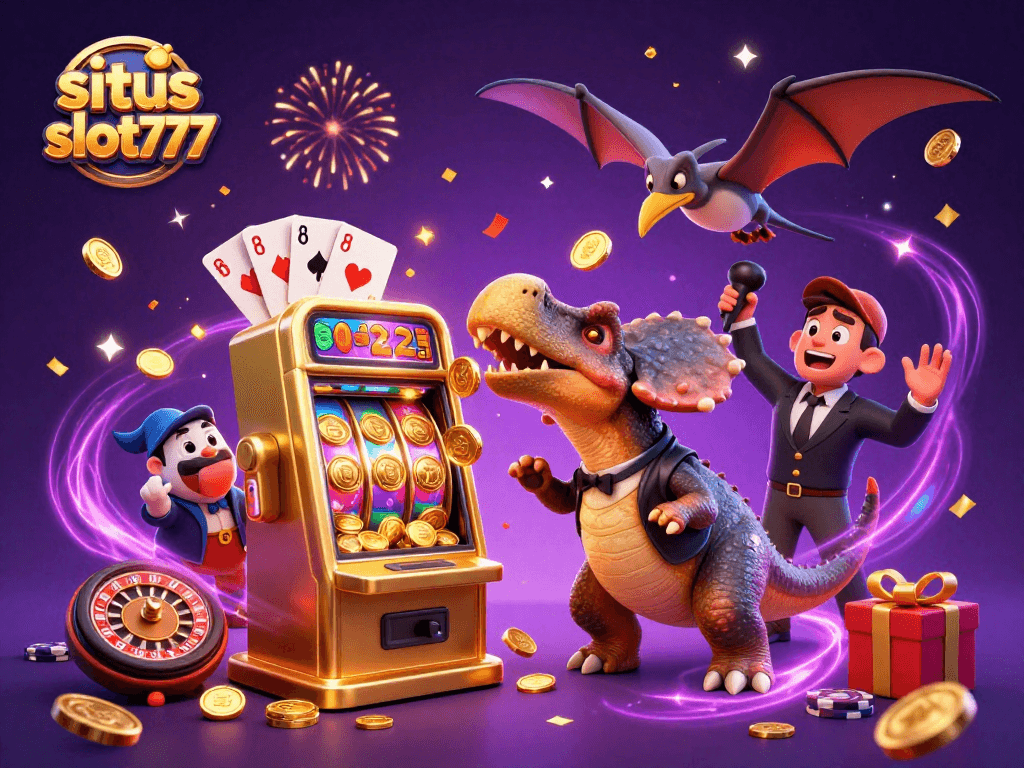 Experience thrilling wins at situs slot777 with dynamic gambling action, featuring cartoon dinosaurs and jackpots.