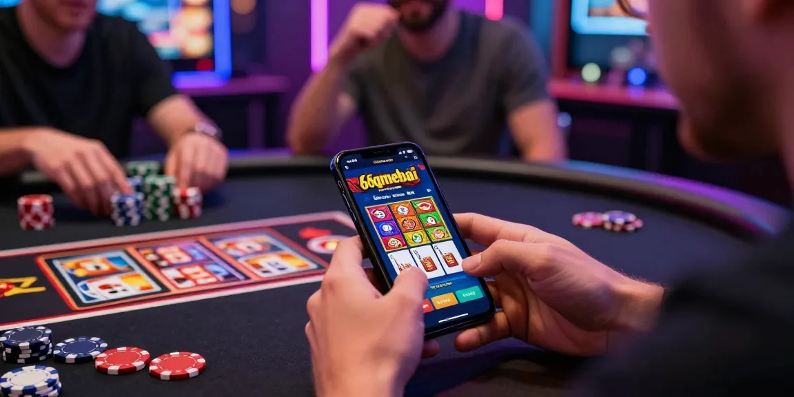 Player enjoying 68gamebai on smartphone with colorful casino graphics.