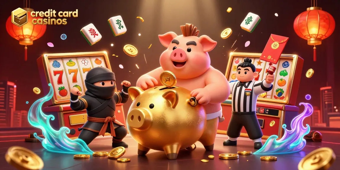 Experience the excitement of credit card casinos with a sumo wrestler and ninja in a vibrant casino scene.