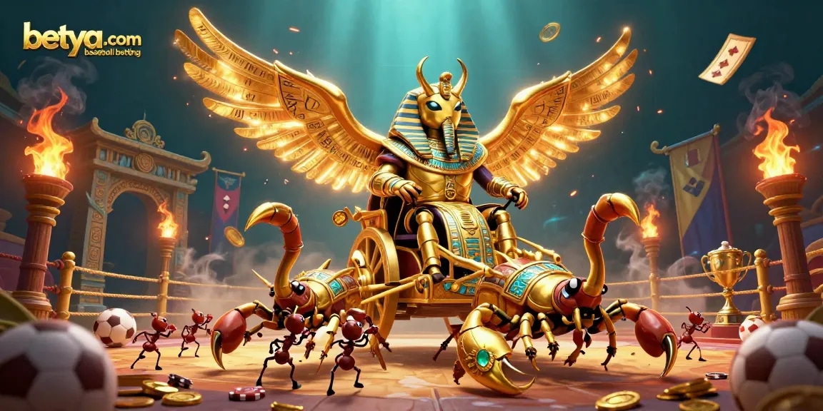 Experience the excitement of betya.com baseball betting with a grand 3D scene of a golden scarab and sports elements.