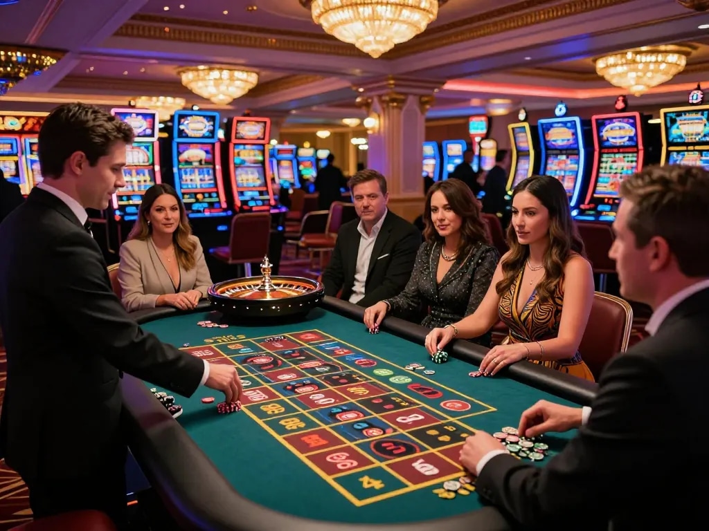 Saat permainan roulette yang mendebarkan di kasino, menampilkan pemain yang terlibat dengan situs toto saat mereka memasang taruhan.