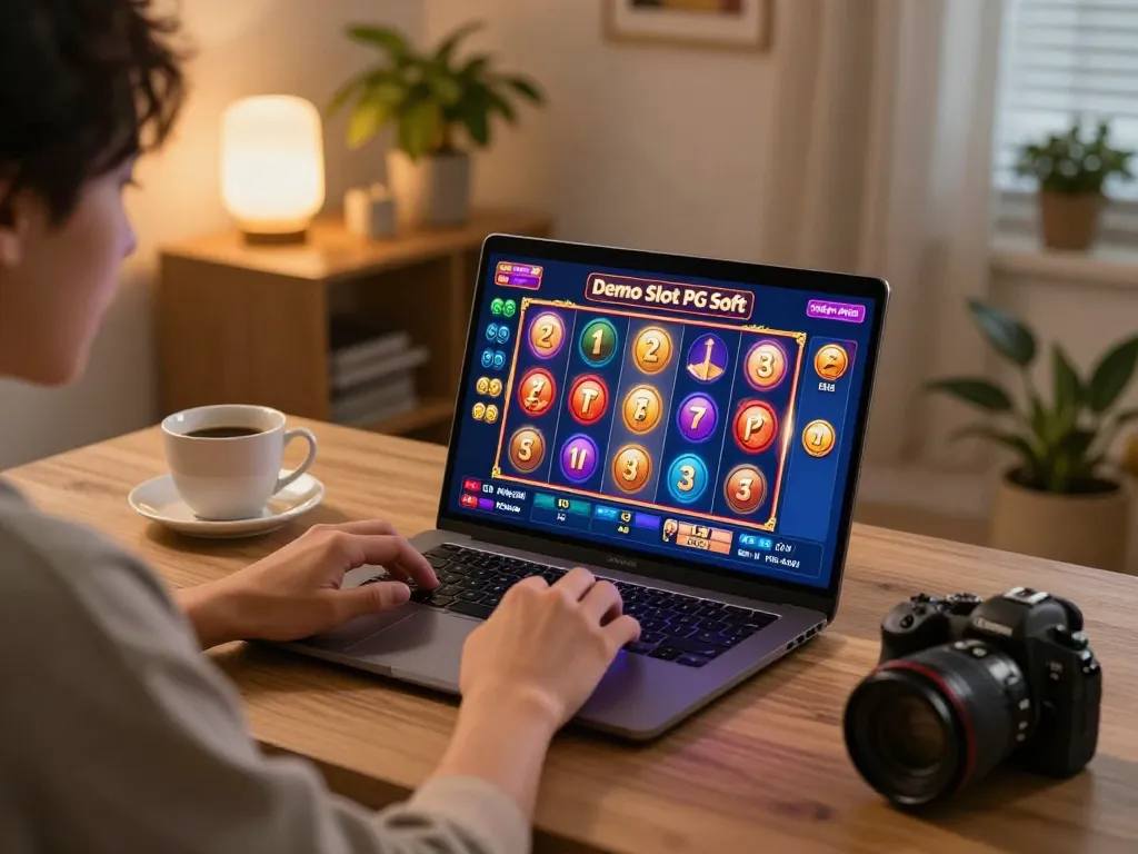 Memainkan Demo Slot PG Soft Mirip Asli di laptop, menampilkan grafik yang cerah dan pemberitahuan kemenangan yang mendebarkan.