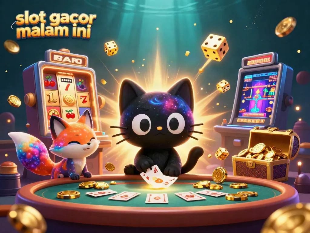 Slot gacor malam ini, kucing lubang hitam 3D dan rubah nebula bermain di meja kasino dengan simbol jackpot.