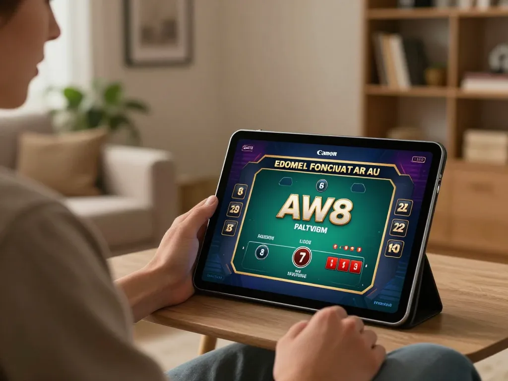 Engaged player enjoying AW8 gambling session on tablet in modern living room.