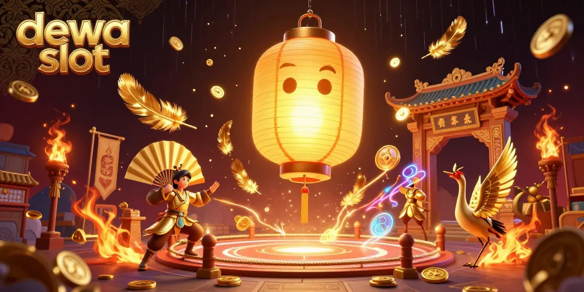 Experience the excitement of dewa slot with vibrant 3D casino illustration featuring golden characters and game elements.