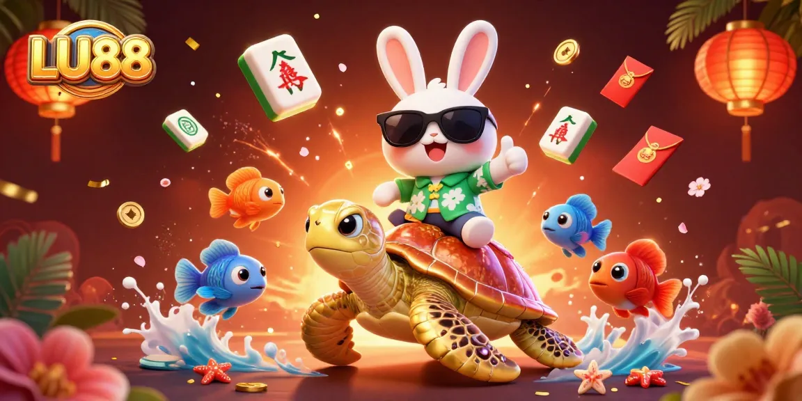 Engage with LU88 through this vibrant scene featuring a lucky rabbit and a golden sea turtle in a festive casino setting.