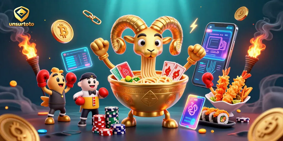 Engage in vibrant unsurtoto gaming with a giant ramen bowl dealer and crypto elements.
