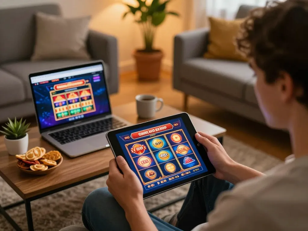 Playing slots on casinos not on Gamstop in a cozy living room setup with tablet and laptop.