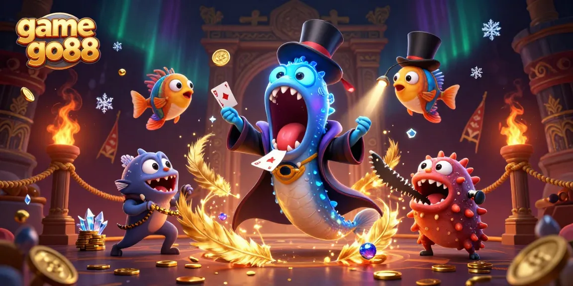 Engage with game go88 as a bioluminescent eel performs magic tricks in a vibrant casino scene.