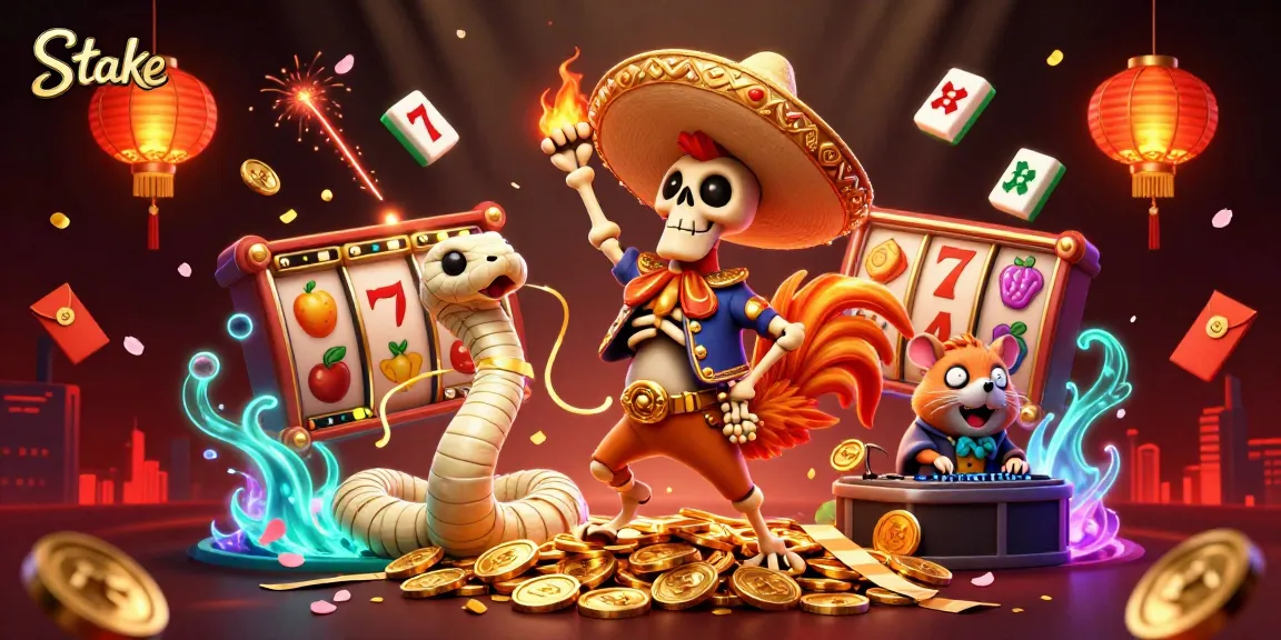 Stake players winning big with animated skeleton mariachi rooster surrounded by casino elements.