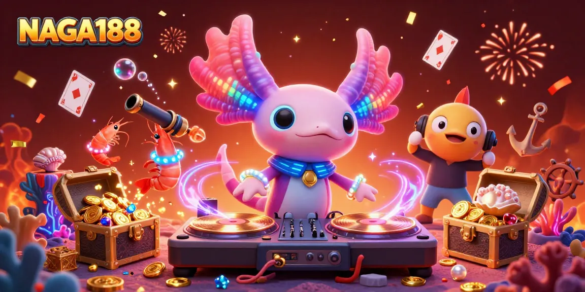 NAGA188 menghadirkan suasana pesta di bawah laut dengan DJ axolotl neon dan karakter kasino yang hidup.