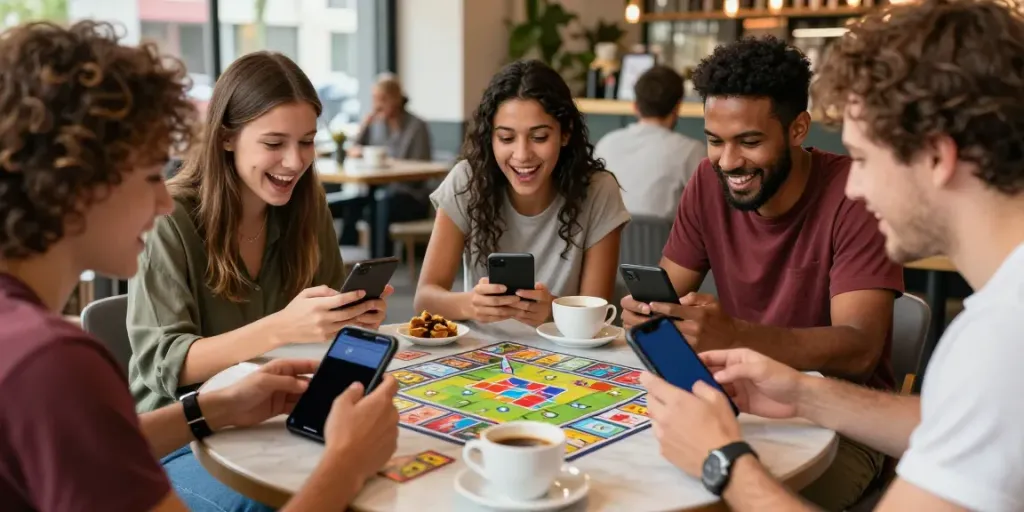 Friends enjoying Rumble Rummy on a smartphone in a lively café.