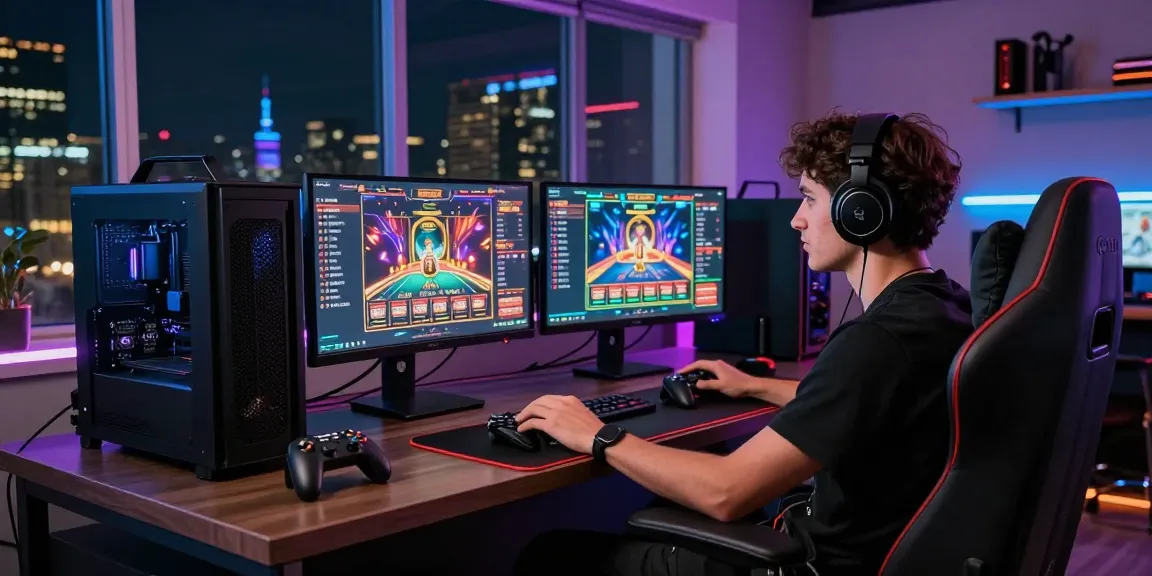 Luxury online gaming setup featuring an engaged player enjoying iwin experience with multiple monitors and sophisticated decor.