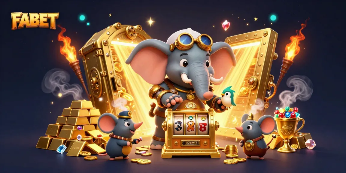 FABET's exciting gameplay showcased by a steampunk elephant engineer operating a golden slot machine.