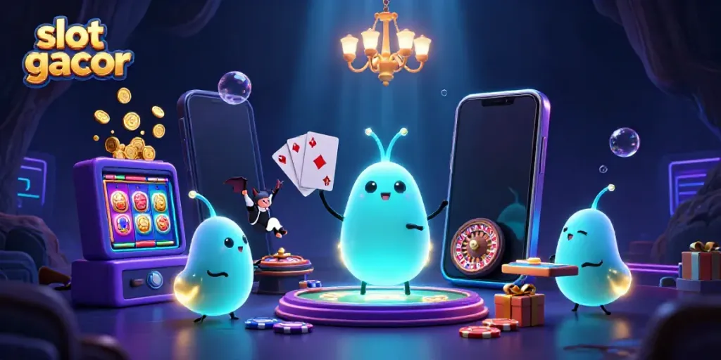 Experience bright action in slot gacor gaming with bioluminescent glowworms lighting up a casino scene.