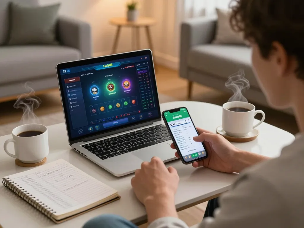 Engaging with Lucky88 mobile app in a cozy home setting for responsible online gambling.