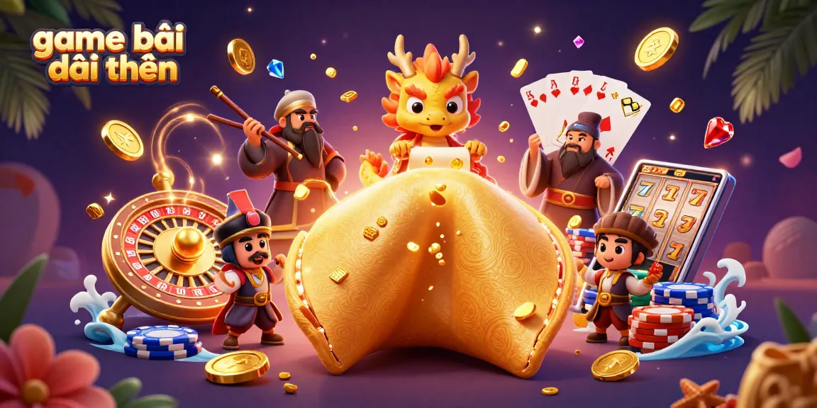 Experience excitement in game bài đổi thưởng with a dragon, fortune cookie, and casino themes.