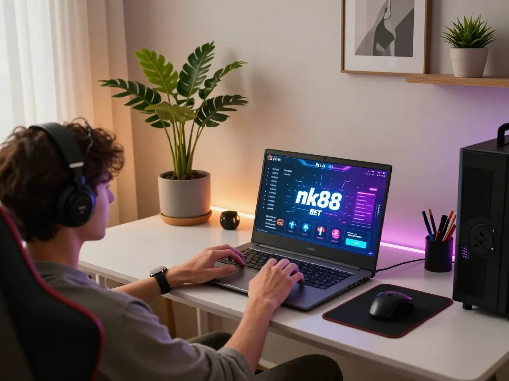 Engaging in online gaming at nk88 bet on a modern laptop, showcasing a comfortable and stylish home setup.