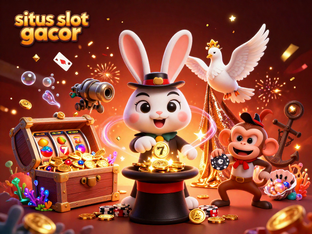 Engage in situs slot gacor with a vibrant illustration featuring casino elements and magical characters.