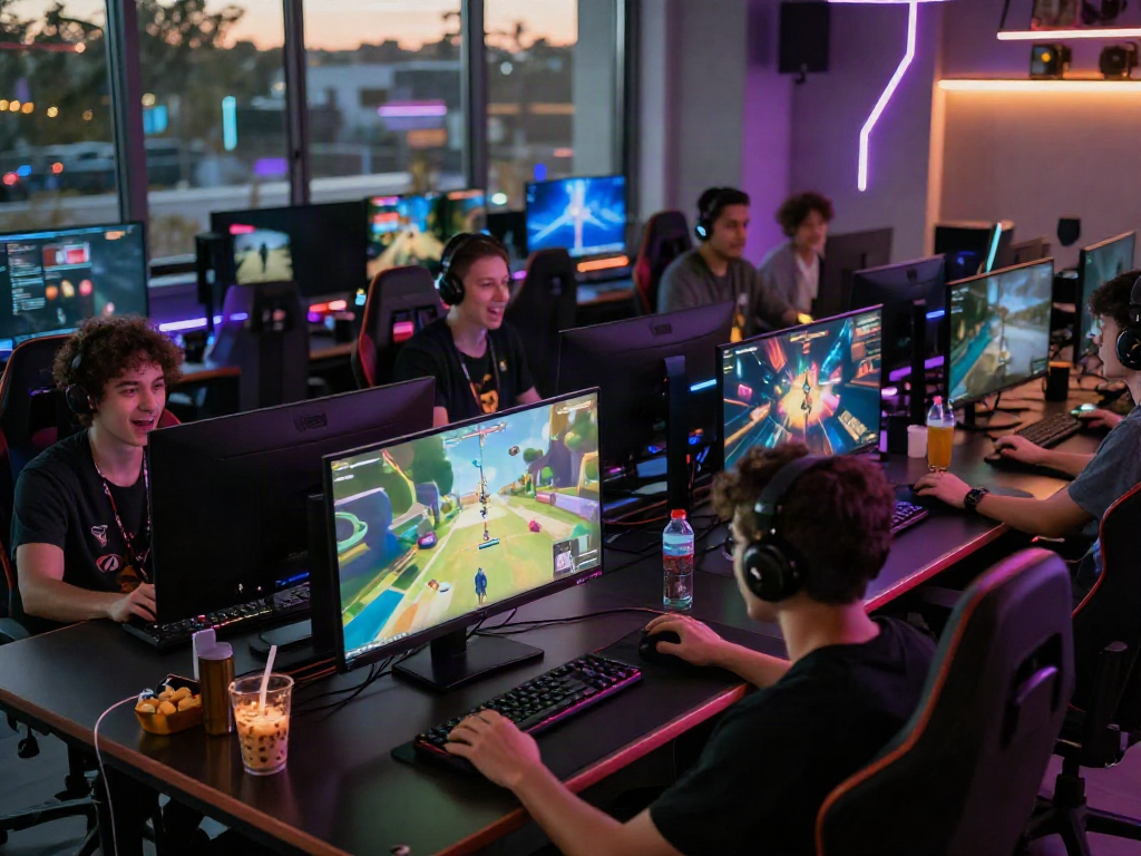 A80 gaming scene with players immersed in online games, high-tech setups, vibrant graphics.
