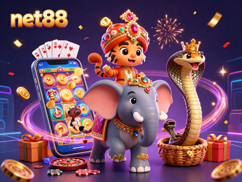 Experience the excitement of net88 with a vibrant 3D casino themed illustration featuring a maharaja tiger and more.