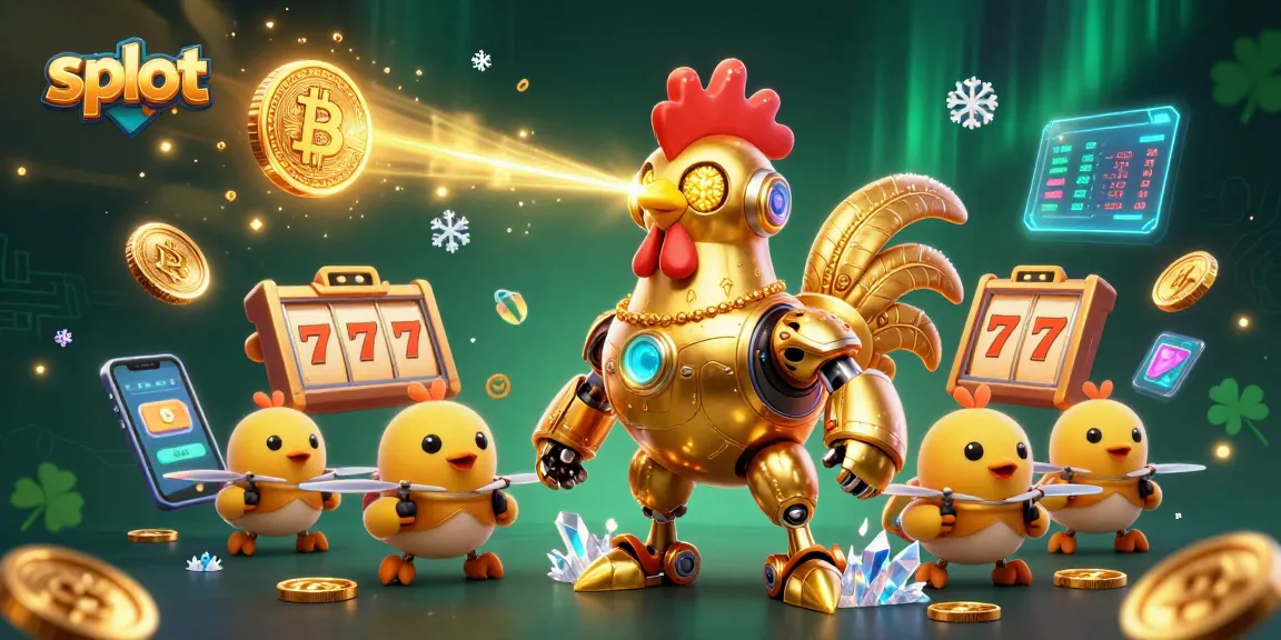 Spin to win with slot reels featuring a retro-futuristic golden rooster in a dynamic casino scene.