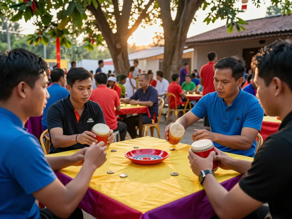Players enjoying a lively game of xóc đĩa outdoors, showcasing competitive spirit and community engagement.