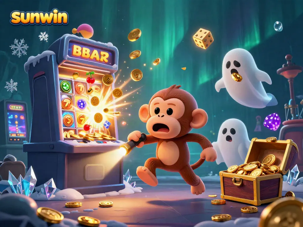 Engage with sunwin's lively animated casino realm, showcasing golden juggling objects amid a jackpot explosion.
