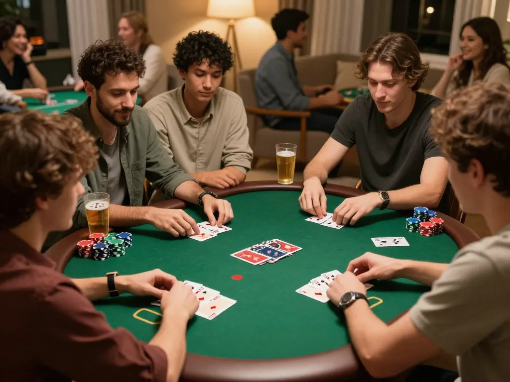 98win players enjoying a friendly poker game night with colorful chips and strategic betting.