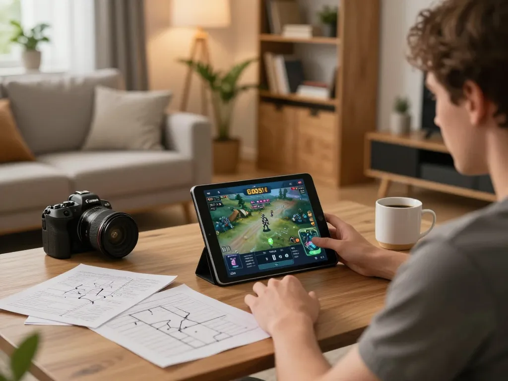 Engaging in strategic online gaming with God55vn on tablet amidst a cozy home setup