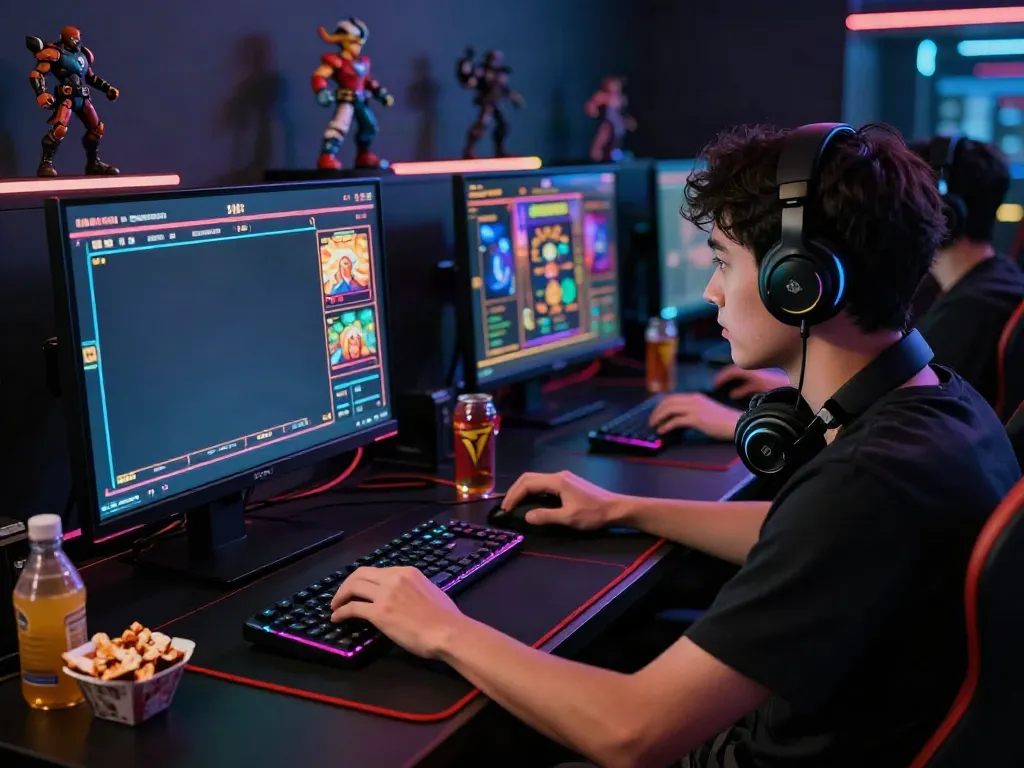 Gamer immersed in online betting with akunjp slot games on dual monitors.