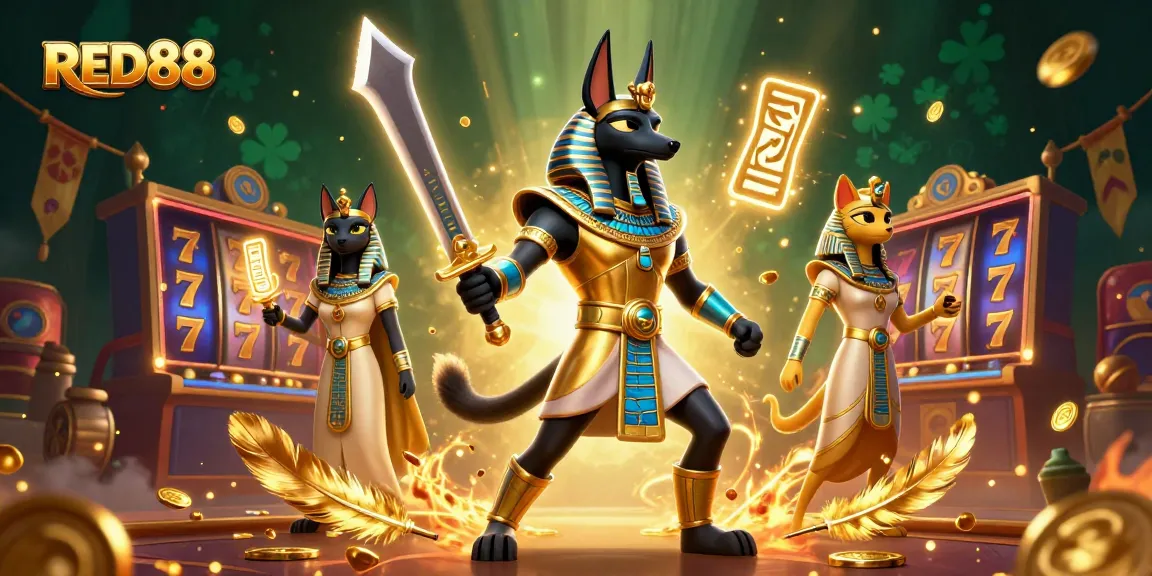 Engage with RED88 in a vibrant casino scene featuring Anubis and Bastet among slot reels and gold.