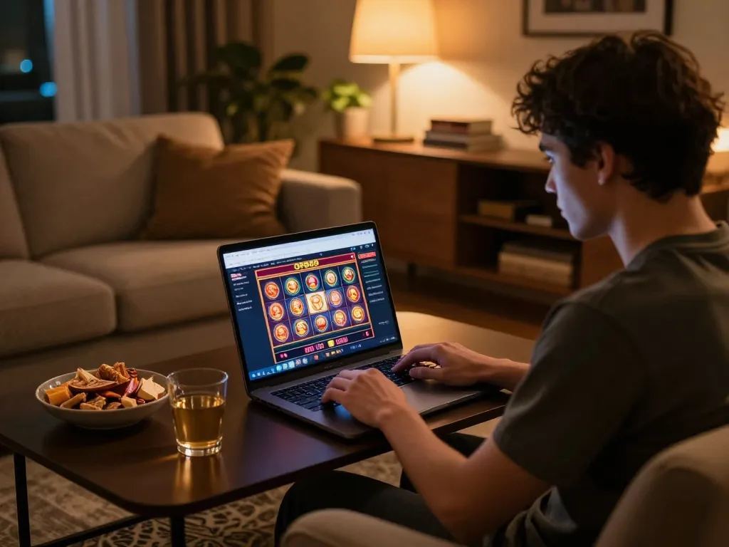 Engaging in online slots on open88 from a cozy living room setup while enjoying snacks and a drink.