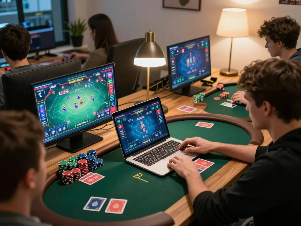 Gameradar player strategizing poker hands on laptop, showcasing online gaming insights