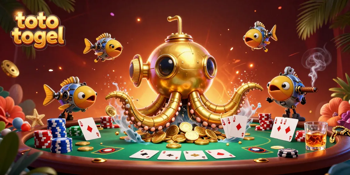 Engage with toto togel as a golden kraken submarine navigates through riches on a poker-themed adventure.