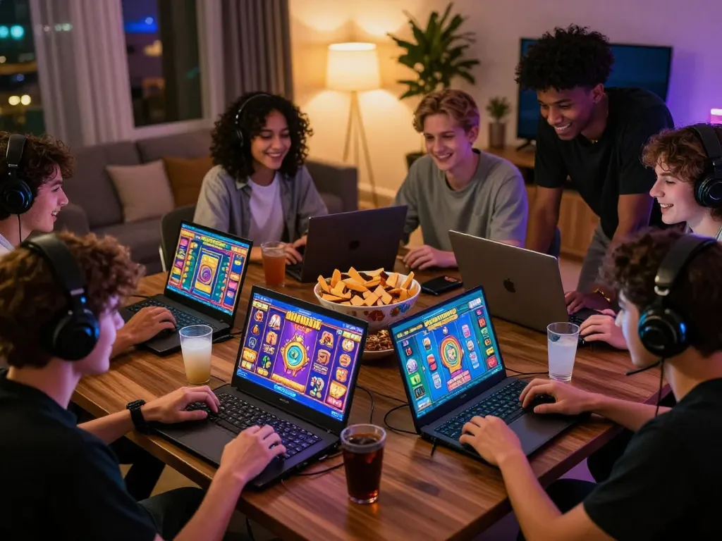 Players enjoying thrilling slot gacor games in a lively living room, emphasizing community and excitement.