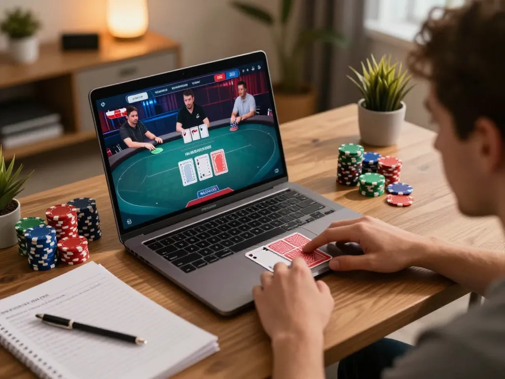 LIGA2000 players engaging in online poker at home, showcasing gameplay strategy and a cozy atmosphere.