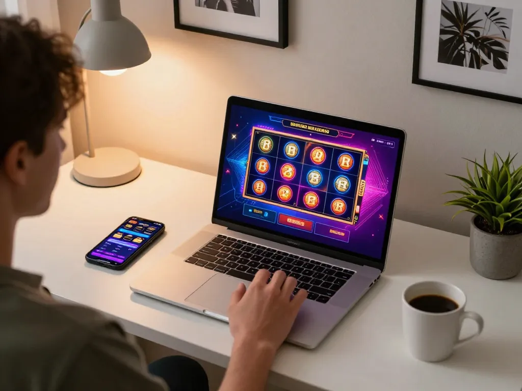 Engaging with HUBET online slots on a laptop during casual home gaming session in a cozy atmosphere