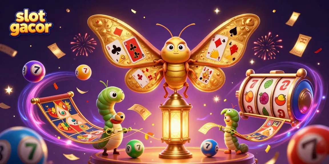 Slot gacor dengan kupu-kupu emas dan elemen kasino berkilau, menampilkan suasana meriah.