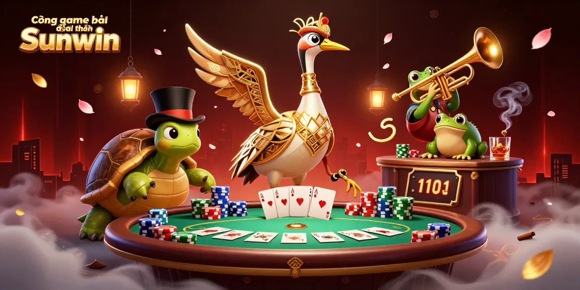 Cổng game bài đổi thưởng Sunwin showcases vibrant casino characters and game elements in a lively scene.
