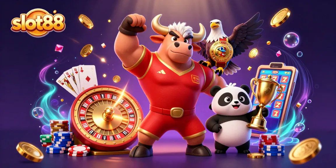 Rasakan aksi slot88 yang mendebarkan dengan maskot banteng, elang, dan panda merayakan kemenangan.