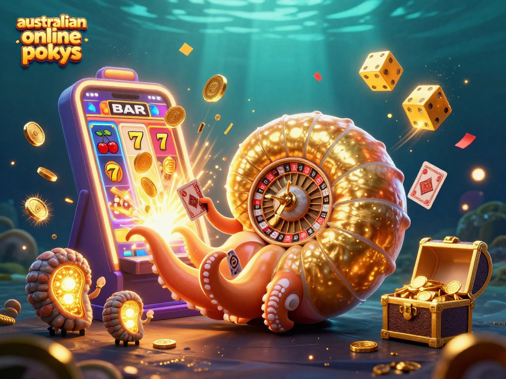 Experience exciting australian online pokies with a vibrant 3D casino-themed illustration bursting with game action.